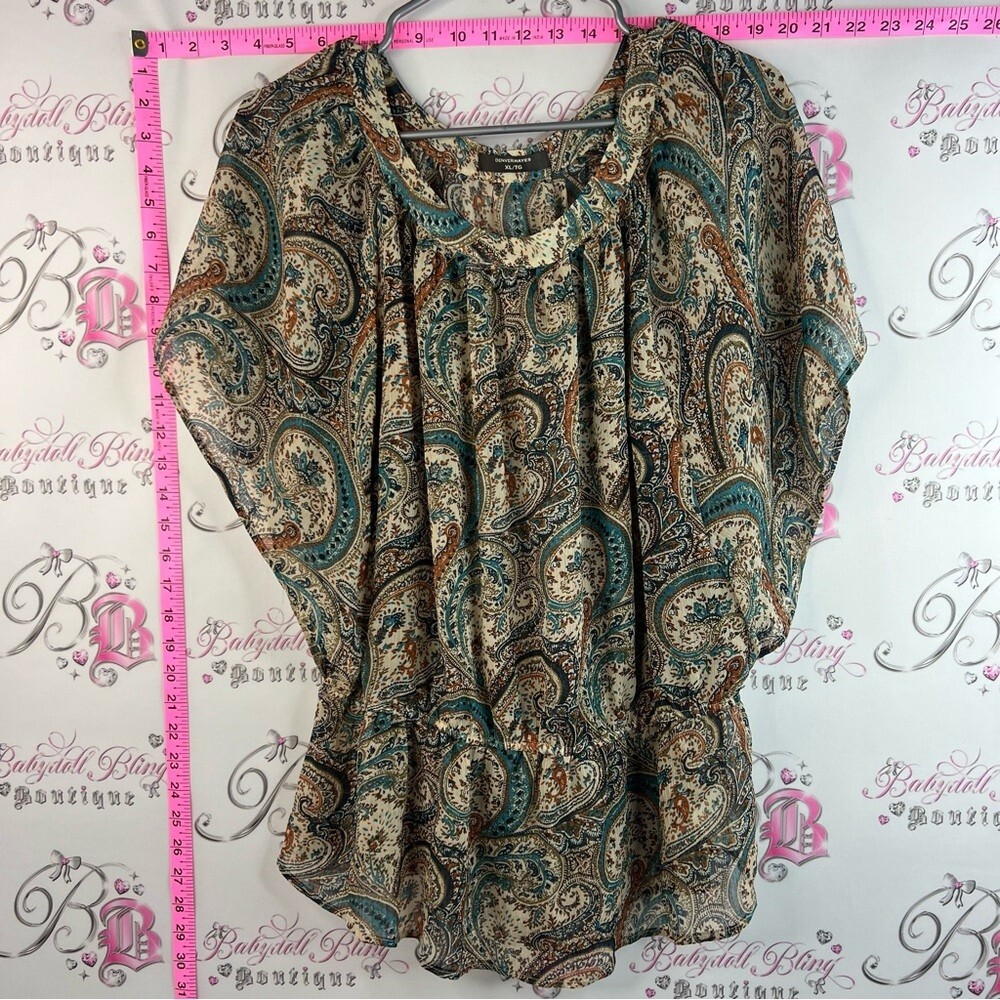 Denver Hayes Paisley peplum Top in Teal, Beige and Brown blouse top shirt